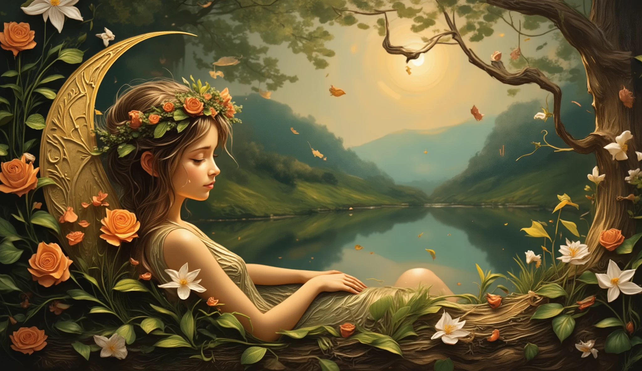 A surreal dreamlike scene of a serene woman with closed eyes, her face partially covered in lush green foliage and vibrant orange roses, seamlessly blending with a golden crescent moon that arches over her head. The landscape is a mystical twilight setting with a calm reflective lake, distant rolling hills, and a glowing crescent moon in the sky. White lilies elegantly intertwine with the foliage, adding purity and contrast to the composition. The artwork is in the style of Van Gogh’s oil painting, with expressive, dynamic brushstrokes and a rich color palette of deep blues, golden hues, and emerald greens. Ink splashes and textured paint strokes enhance the dreamlike and ethereal quality, making it feel both painterly and fantastical