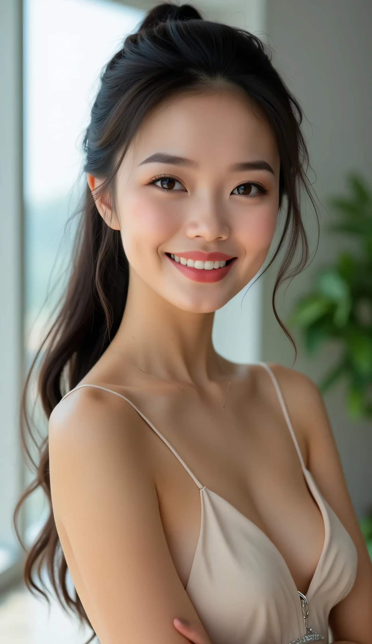 RAW photo of a stunningly beautiful 26-year-old Thai woman with a cute face, wearing a black dress and exuding a happy expression. The portrait is captured in a cinematic shot with hard shadows, creating a dramatic and captivating atmosphere. The detailed symmetric realistic face is illuminated by dramatic lighting, bringing out the rich colors and hyper-realistic texture of the woman's skin. Her natural beauty shines through in this high-quality, high-resolution image. The sharp focus and fine detail reveal the intricacies of her features, making for a truly breathtaking and award-winning photograph.