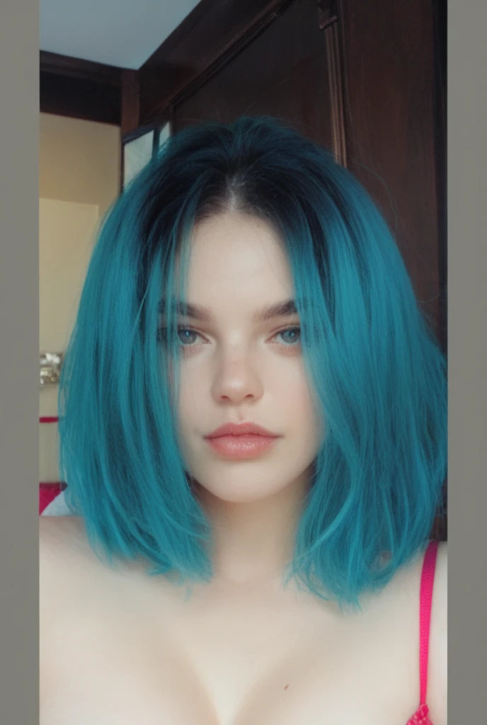 A stunning professional photo of a 24 year old pretty woman, shirt, skirt, cute, absolute beauty, round face, pale skin, (((short hair french bob hair shaved))), (hair parting on left side), Blue hair, brown eyes, beautiful eyes, freckles, freckles and moles all over body, large natural breasts, soft breasts, early summer, soft natural light, highly realistic skin, highly realistic face, highly realistic eyes, at a garden party, party lights, many people in background, seductive, sultry, low light, soft natural light, Rembrandt style light, made with a Hasselblad camera, 35mm, film grain, masterpiece, sharp focus
