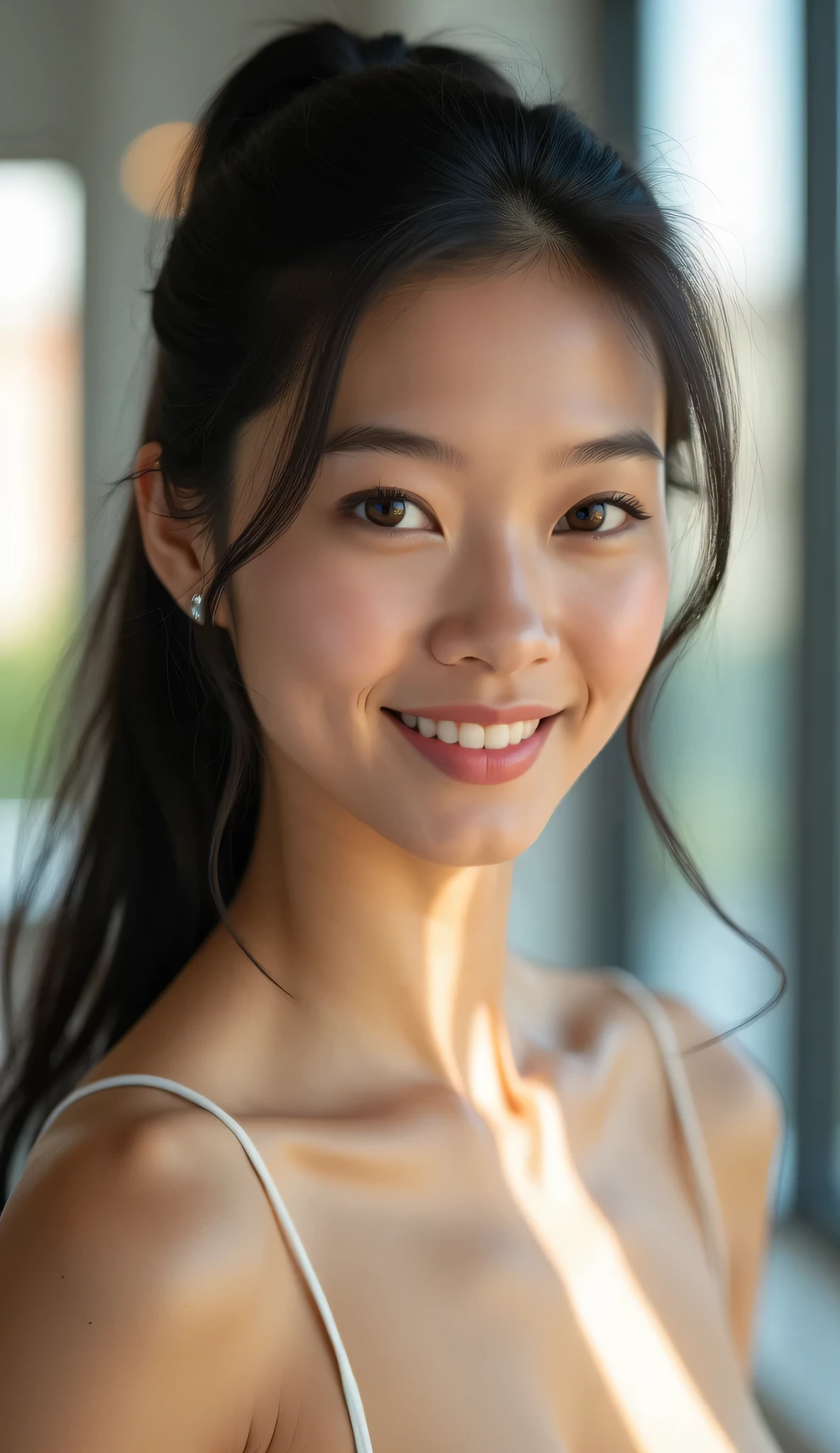 A strikingly beautiful and youthful AI woman, standing confidently in a modern office setting, bathed in soft morning light.
ใบหน้า (Face):
โครงหน้า: Oval face shape, perfectly symmetrical and refined features.
ผิว: Smooth, radiant, Asian yellow skin tone, flawless complexion, subtle natural makeup.
ดวงตา: Large, expressive, dark brown eyes, captivating and intelligent gaze, long and perfectly shaped black eyelashes, defined eyebrows, subtle eyeliner and mascara.
จมูก: Delicate, straight, and perfectly proportioned nose, complementing her oval face shape.
ปาก: Full, beautifully shaped lips, natural pink hue, subtly glossy, showcasing a hint of a warm, gentle smile, white and perfectly aligned teeth visible when smiling slightly.
ผม: Long, flowing, glossy black hair, styled in a sophisticated yet slightly loose ponytail, some strands framing her face elegantly, healthy and voluminous texture.
รูปร่าง (Body):
สัดส่วน: Tall and slender physique, height 170cm, perfectly balanced proportions, 35-23-36 inches figure, C cup bust, flat abdomen, shapely and feminine hips.
ช่วงตัว: Elegant and graceful posture, shoulders held back confidently, long and slender neck.
แขนและมือ: Muscular and toned arms, defined biceps and triceps indicating regular exercise, delicate hands with long, slender fingers, neatly manicured nails with a natural polish.
ขาและเท้า: Long and athletic legs, defined calf muscles, slender ankles, gracefully posed feet, wearing elegant high heels.
เครื่องแต่งกายและเครื่องประดับ (Outfit and Accessories):
ชุด: no Wearing, nude.
เครื่องประดับ: Subtle and tasteful jewelry, delicate silver stud earrings, a thin silver necklace.