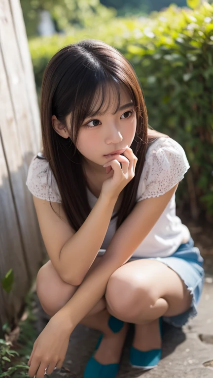 tanned beautiful girl、early summer、Provence region、japanes、wearing a summer dress、18year old、With bangs、poneyTail、