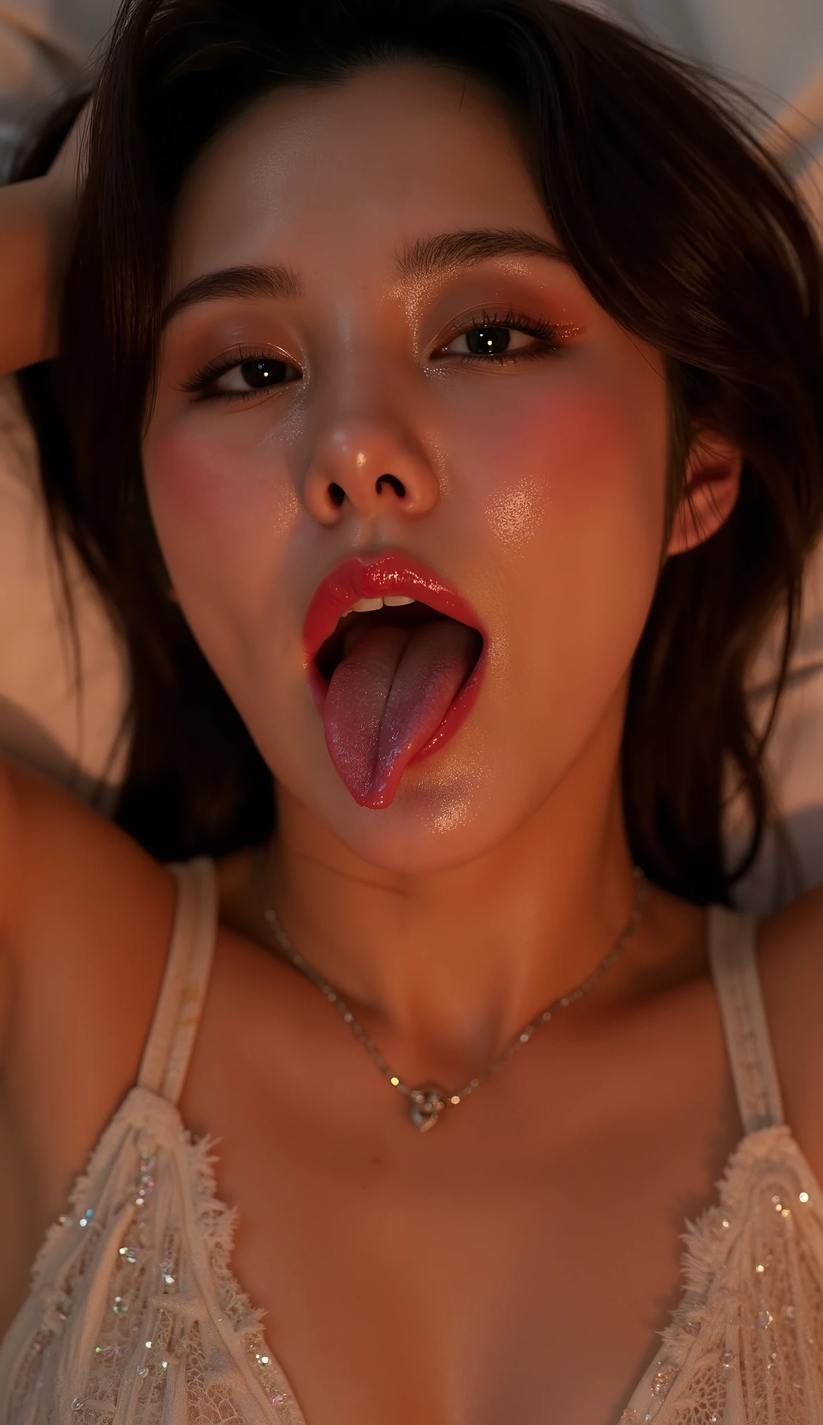 ((( real、live-action、reality、High image quality)))do, best quality , ( High Definition CG Unity 8K Wallpaper ), ( best quality ), edge orgasm 、 face focus 、 wh3ein with her mouth open and her tongue out 、wh3ein with an edge_face、 brunette hair、 on the bed、view from above with a wide opening, upper body in frame ((sweat) ),((Skin that shines with sweat))((The collarbone shining with sweat,Face that shines with sweat)),((Sweat-drenched skin))((The skin wet with sweat)),