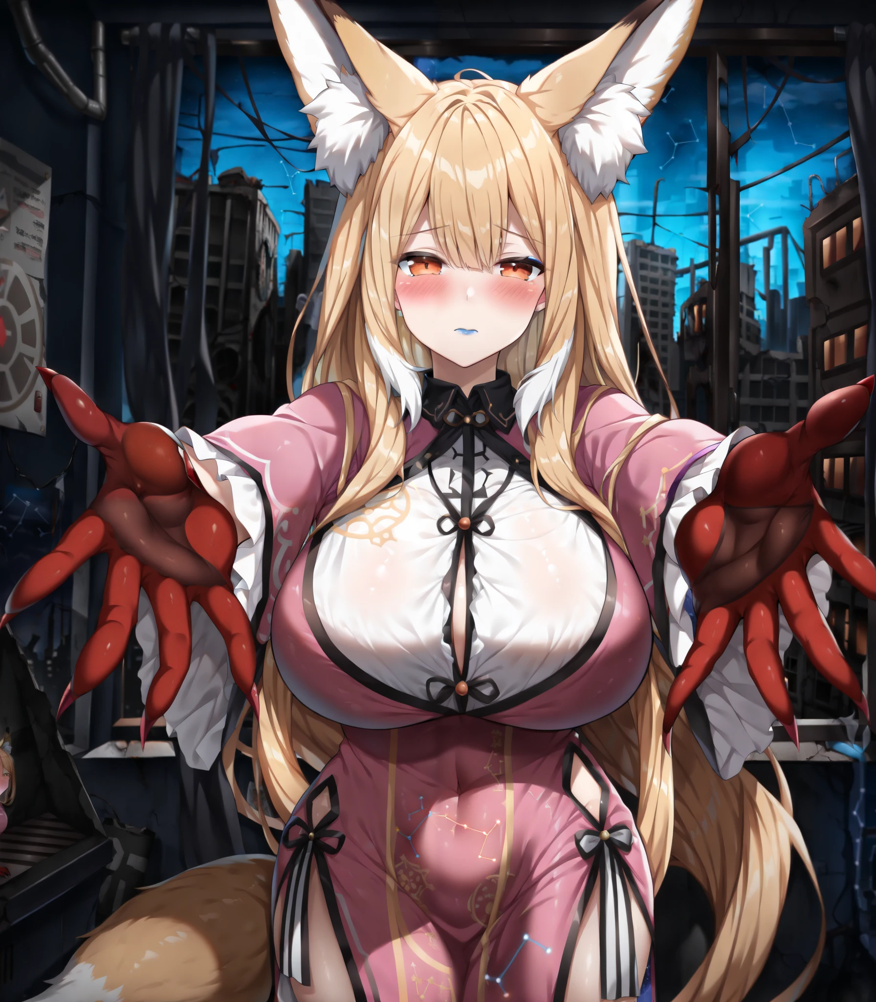 masterpiece,best quality, ultra detailed, elegant, 4K,amazing quality, 1girl, milf, solo, voluptuous, kitsune, vulpisfoglia, (huge breasts), (((blonde hair), very long hair, bangs, long sidelocks, orange eyes, floppy fox ears, ears fluff, fox tail, red claws)), blue lips, ((zdc_dress, constellation print)), ((motherly, blush, shy), closed mouth), ((looking at viewer, beckoning, outstretched arms, abandoned city, window, dark, night))