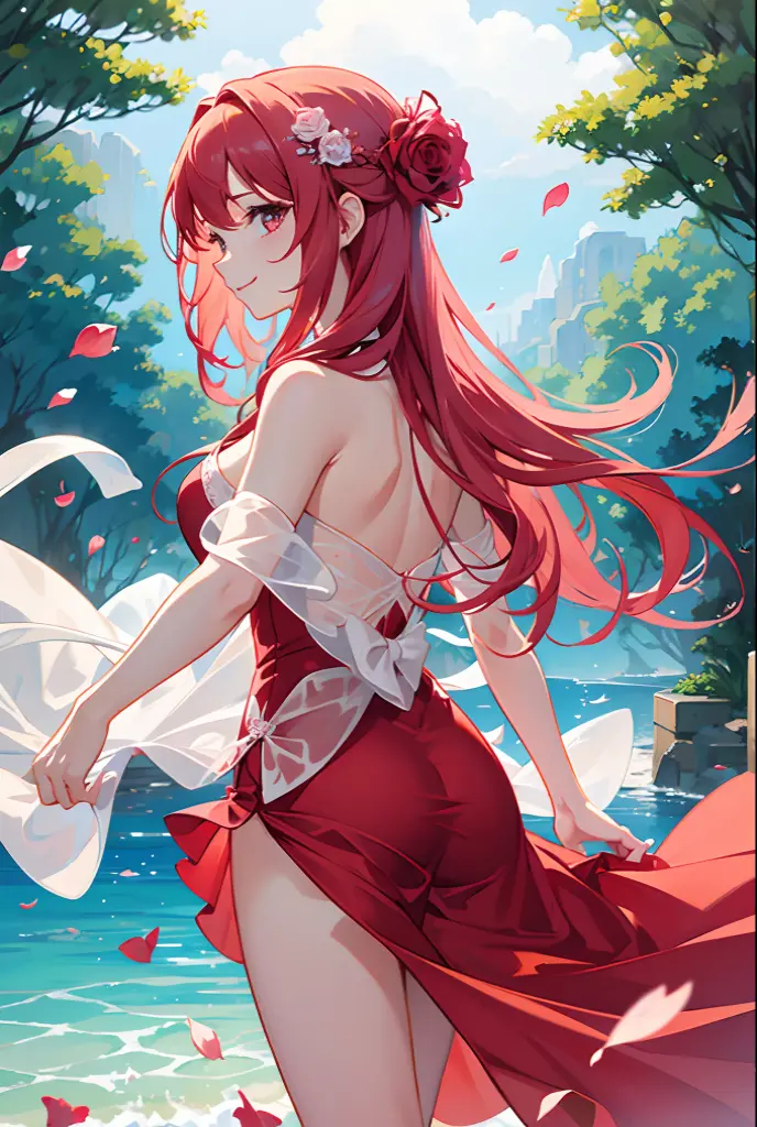 Wavy red hair、red eyes、Beautiful girl alone、White cheongsam、Bright red rose garden、