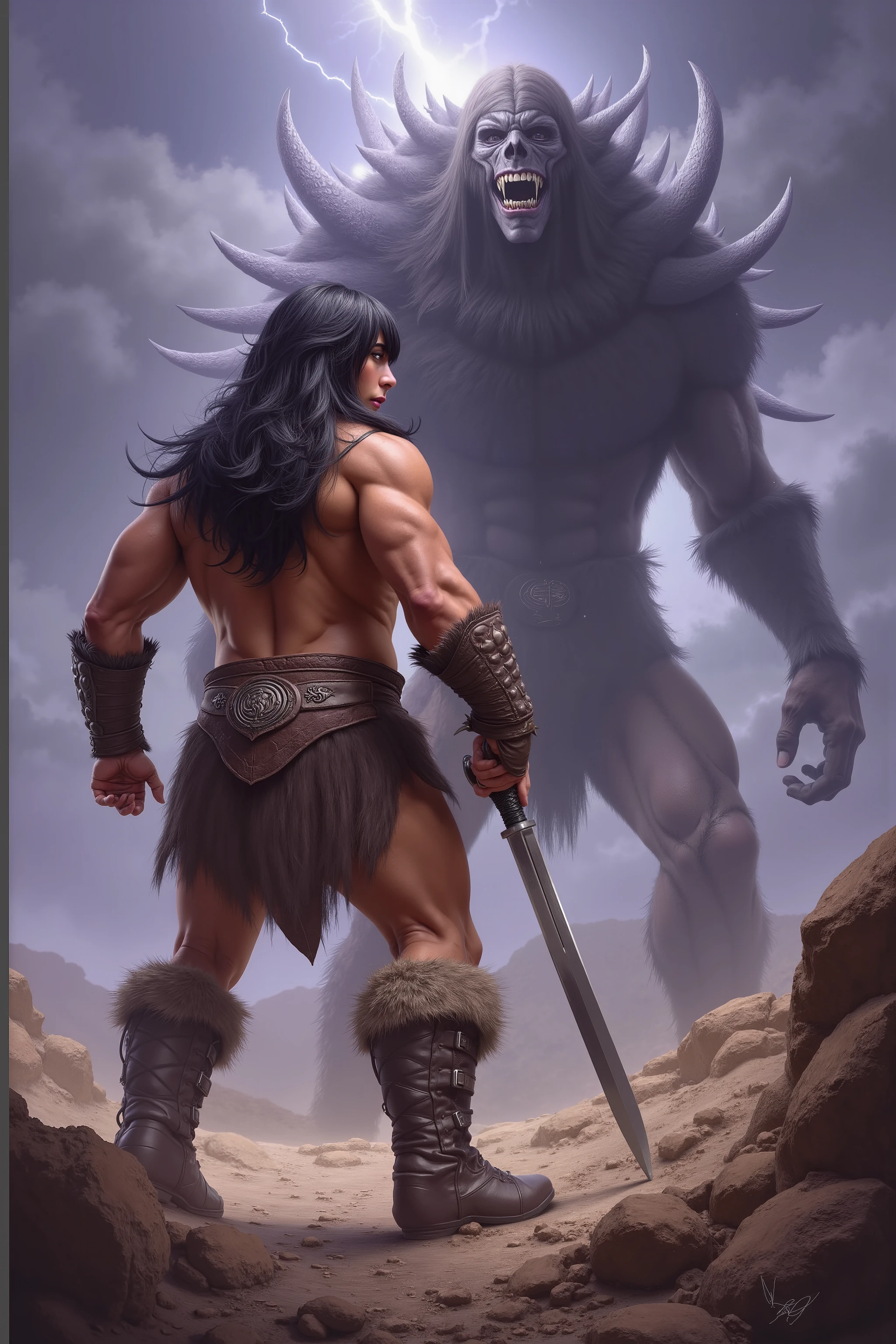Conan the Barbarian confronts a terrible monster to save a gorgeous nubile damsel in distress, art style of boris valejo, fantasy stormy hilltop