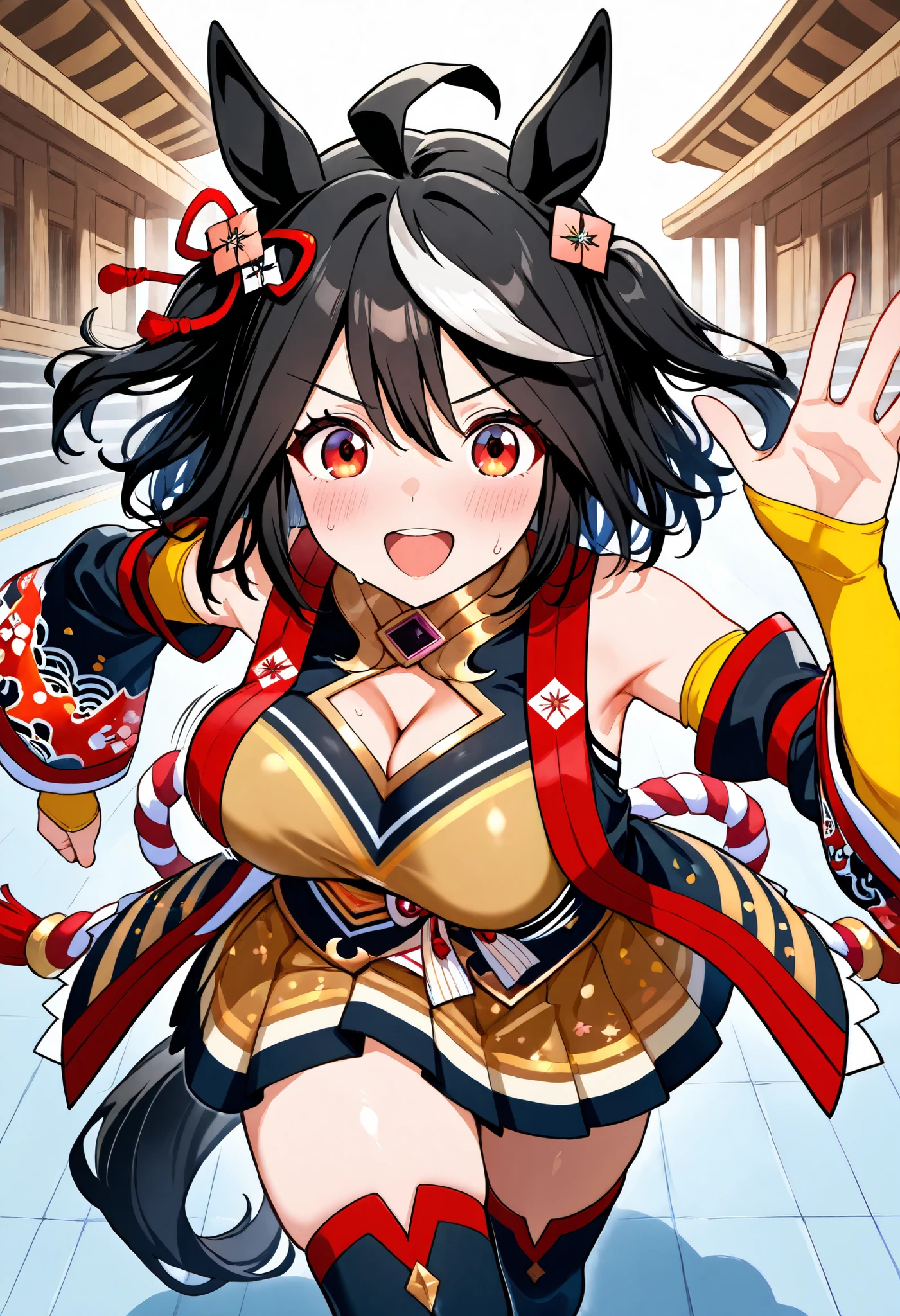 ( masterpiece、 best quality 、score_9、score_8_ up、score_7_ up), break solo,  one girl ,  kitasan black  \(horse girl\),  waving ,  ,  hair accessories,  animal ears ,  Cleavage Hollowed Out , Sacred Shrine Rope, Red and white rope ,  split sleeve, yellow skirt,  pleated skirt,  black knee-high socks, bare shoulder, horse tail, (medium breasts:1.2), break アウトドア,  lawn racecourse , break ( from before、Looking for ,  bust focused ), break (running, I'm sweating,  steam , Wave your arms)、break (( bouncing breasts:1.3))
