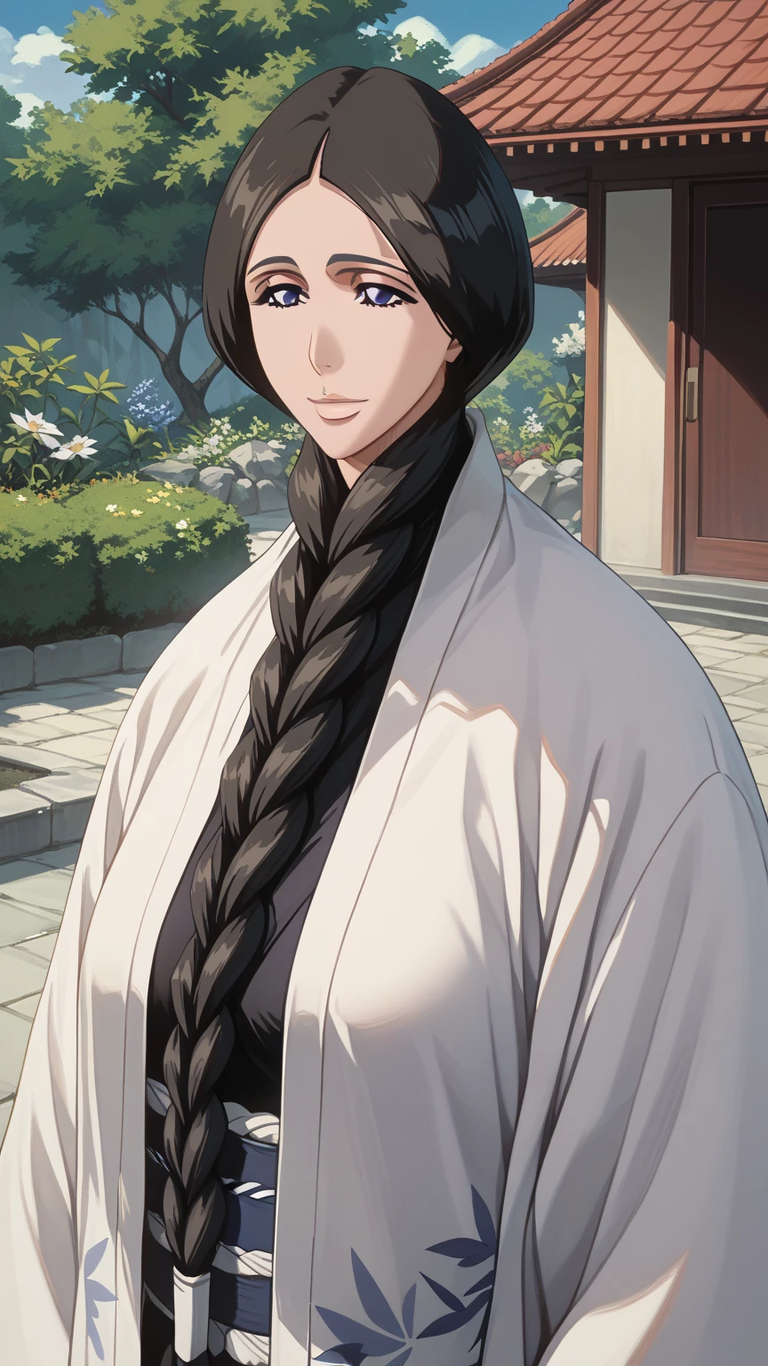 highest image quality taken by Ki、 anatomically accurate、Japan(Showa) In the garden of a private house 、Black hair braid long 、calm expression 、 smiling、White kimono with floral print, big breasts, blue eyes, Unohana Retsu