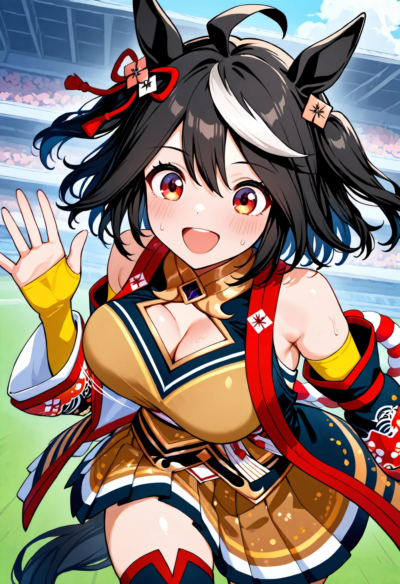 ( masterpiece、 best quality 、score_9、score_8_ up、score_7_ up), break solo, one girl , kitasan black \(horse girl\), waving , , hair accessories, animal ears , Cleavage Hollowed Out , Sacred Shrine Rope, Red and white rope , split sleeve, yellow skirt, pleated skirt, black knee-high socks, bare shoulder, horse tail, (medium breasts:1.2), break アウトドア, lawn racecourse , break ( from before、Looking for , bust focused ), break (running, I'm sweating, steam , Wave your arms)、break (( bouncing breasts:1.3))