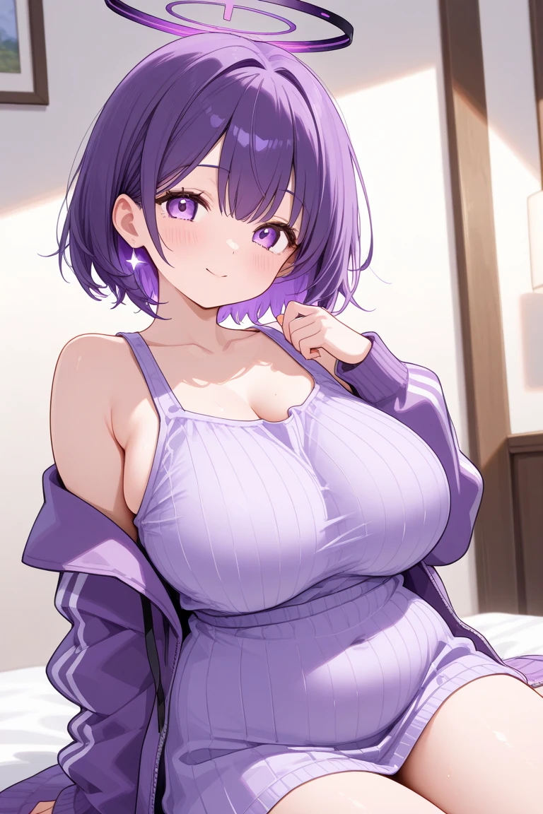 Beautiful young teenager, 1girl, purple hair, blue eyes, extremely short hair, very messy hair, freckles on face, tired, yawning, waking up, thick lips, full lips, huge breasts, extreme cleavage, deep cleavage, very thin body, loose patterned pajamas, pajamas falling off, perfect anatomy, home hallway background, detailed background, ultra-detailed, 4k, 8k, best quality, masterpiece