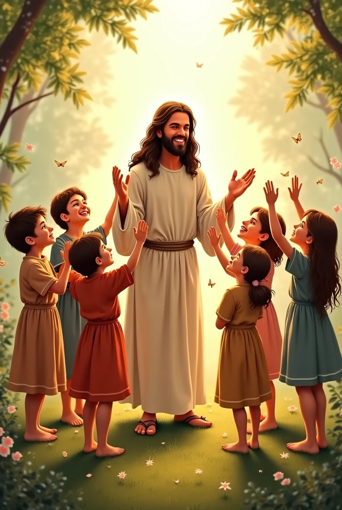 jesus, the prophets Muhammad and Moses playing with children, half of whom were black-skinned