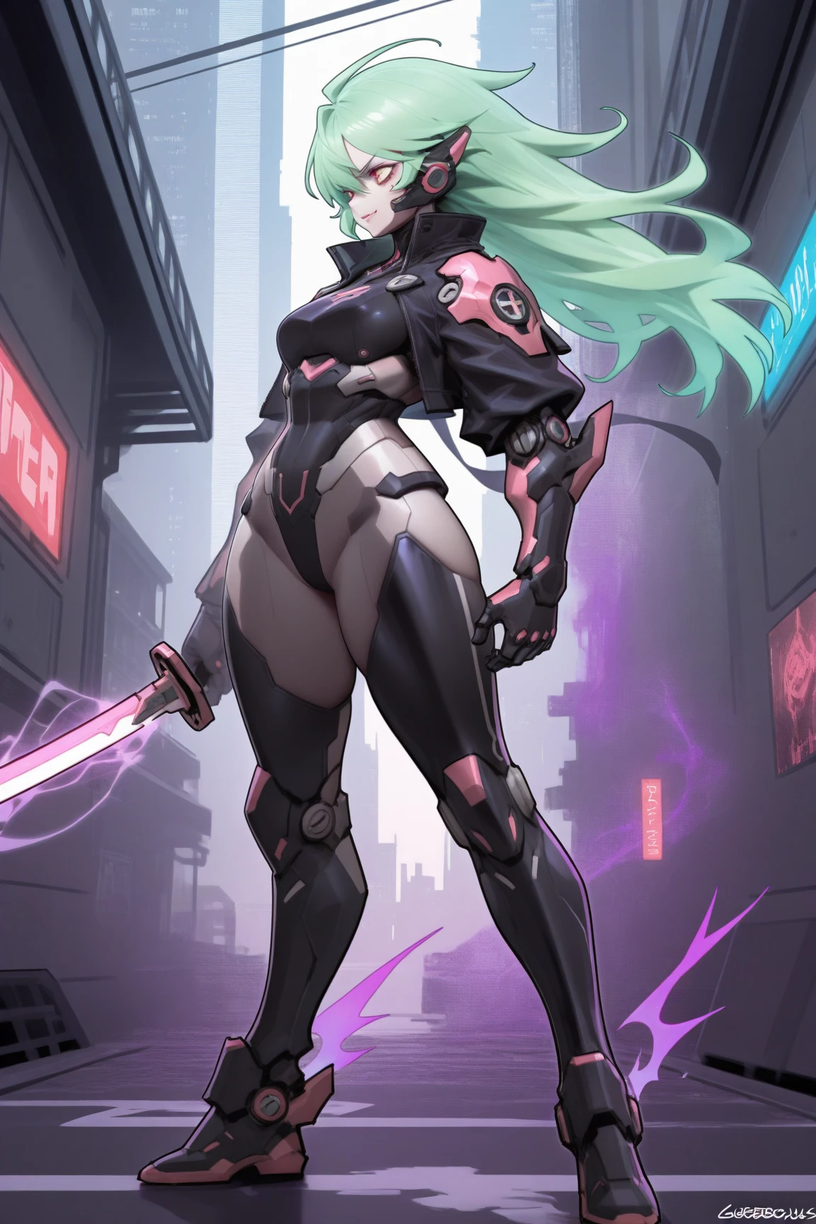 1girl, red eyes, blue hair, short hair, ponytail, large breasts, hourglass figure, bodysuit, black bodysuit, neon, neon trim, machinery, tech, science-fiction, futuristic, smile, standing, full body, ((full body)), ((long ponytail)), arms down, hands down, robot girl, pantyhose, black pantyhose