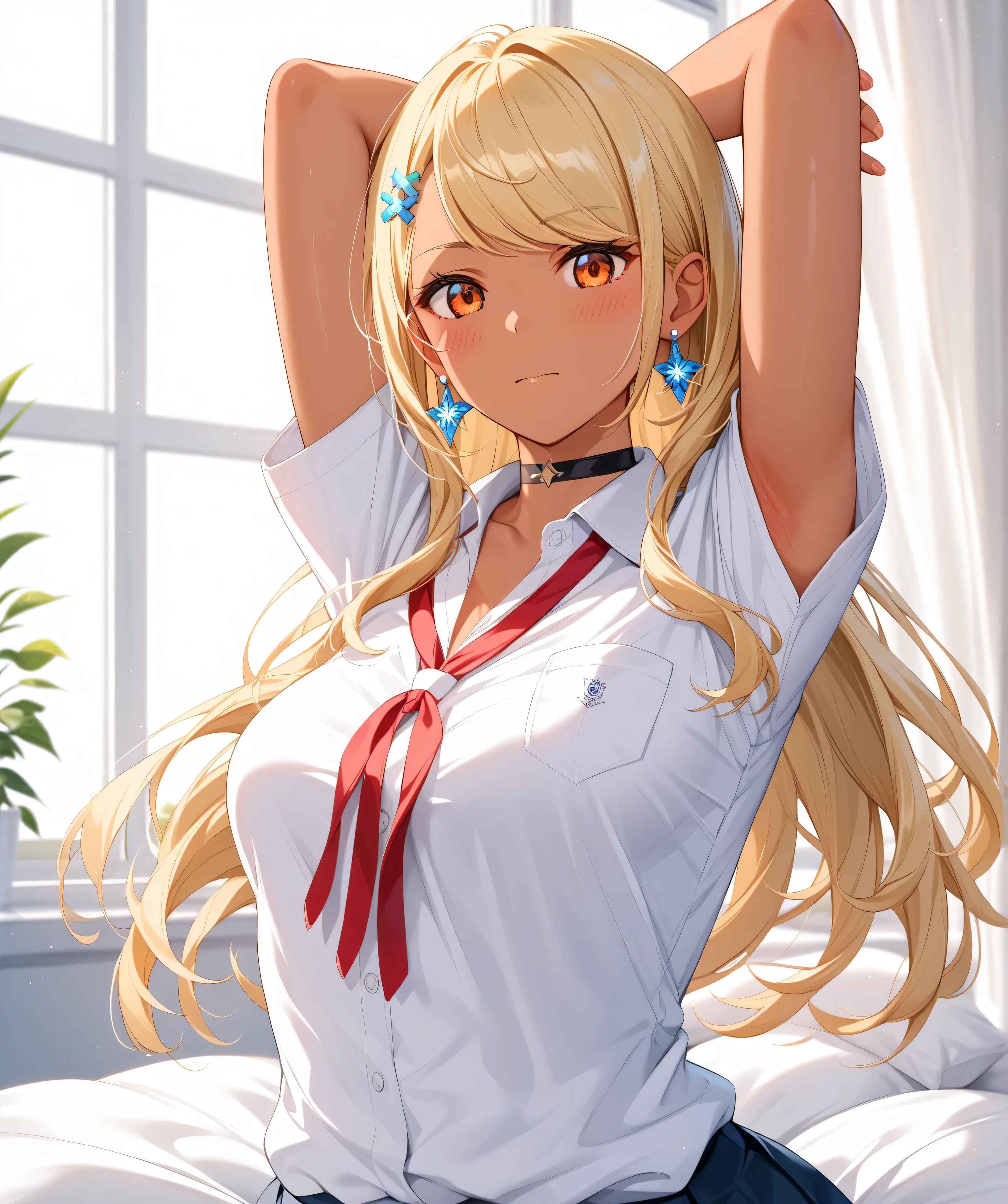 master piece、Best Quality,Super detailed,High resolution,Extremely detailed CG,Unity 8K Wallpaper,weat,score_9, score_8_up, score_7_up, score_6_up, score_5_up, score_4_up, source_anime,QpiOriginal, orange eyes, dark skin, blonde hair, long hair, swept bangs, flower hairclip, blue earrings, black choker,school uniform,professional quality、big hip、medium breasts,nsfw,bed room,nsfw,Romanticism、thick thighs,wide hips,NSFW,armpit focus,big butt,Official Art,mature female,perky breasts,embarrassed,athletic female,short sleeves