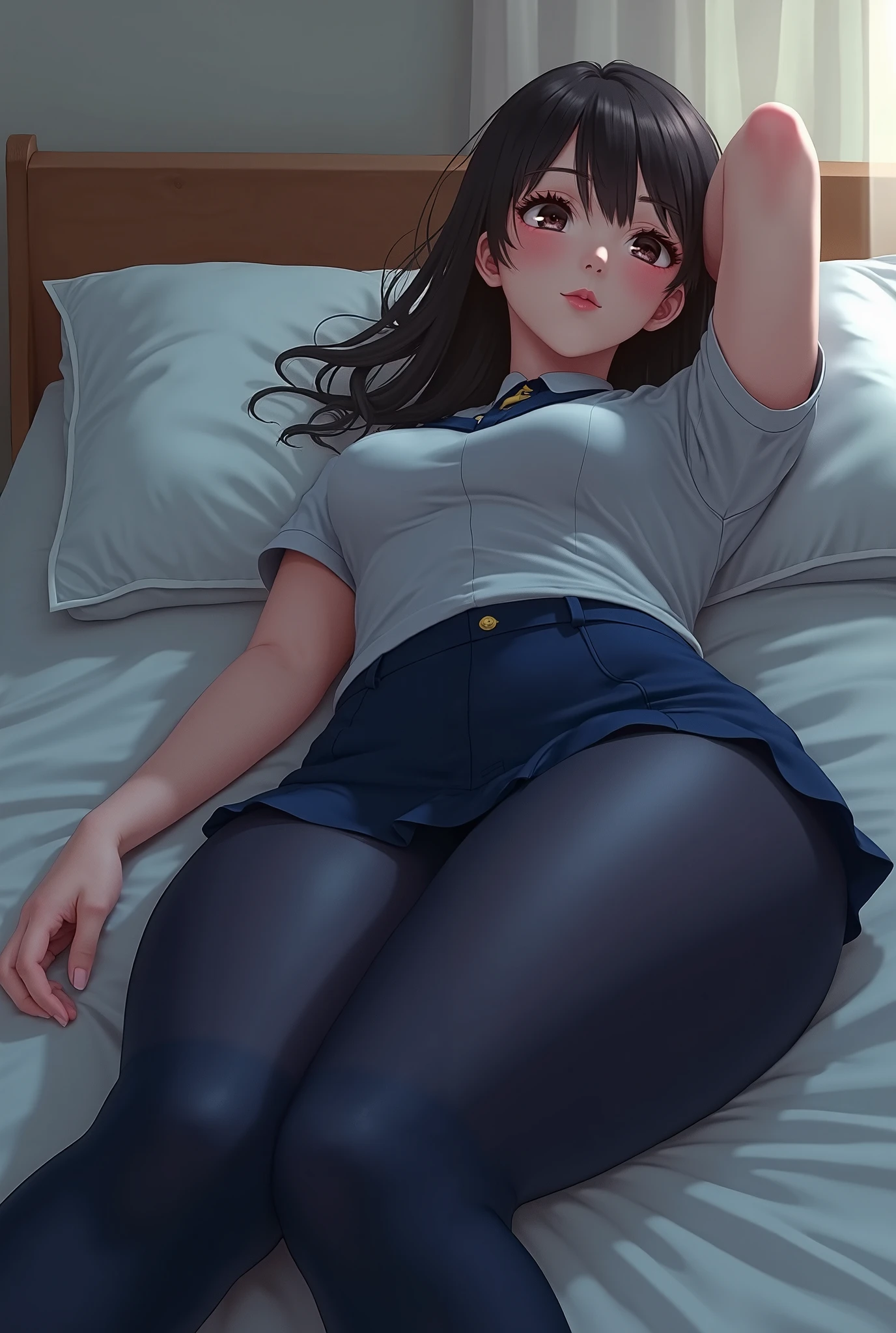 Anime Japanese woman White shirt transparent with sweat Blue tight slacks showing the shape of her genitals Red tie Nipples visible On bed Big breasts Big ass