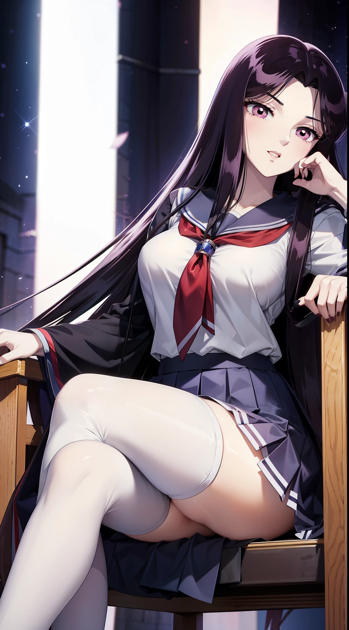 The art with openings from the Japanese anime : white skin and red lips, , beautiful legs , She has a strong and sexy body , safe appearance , big breasts,,, Pandora, purple eyes, black hair, long hair,, full body, front angle , smile, neckline, poses sexy, school, sexy Japanese schoolgirl uniform, blue skirt, white blouse , white tights, , chair, sitting, Cross Legs , very short skirt . focus from below
