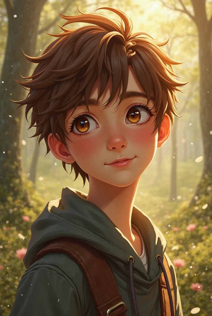 Boy on apple tree branch