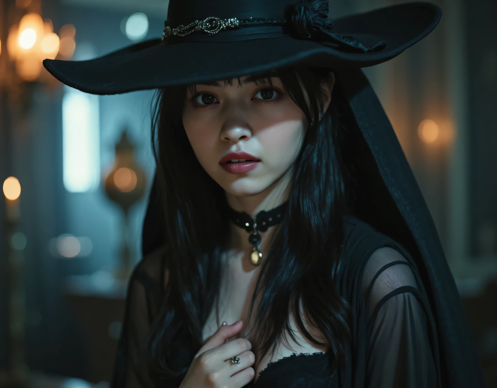 (((Midnight's Old 16th Century Witch House:2.0))),(((gothic horror atmosphere:2.0))),(((Hold a thick, long male penis:2.0))),((( open:2.0))), standing,((full body:2.0)),one woman,(cute face),(Beautiful well-balanced face ),((long hair with bangs:2.0)),( black hair:1.5),(beautiful eyes:1.3),Glamorous shot of a 20-year-old Japanese woman, Slender Beautiful Body ,((Model figure :2.0)),((slim body:1.7)),((スリーサイズ90-58-86:3.0)),perfect body line,ideal proportions,((big breasts:2.0)),((G cup breasts:2.0)),( Popup:2.0),Bare thighs,fleshy thighs due to weight,delicate body,(Glutinous Flesh:1.7),harmonious posture,((Realistic breast depiction :1.7)),carefully depicting limbs based on perfect anatomy,((witch-inspired black super high-leg leotard:1.5)),((super high-leg leotard made of latex that fits the body:1.5)),((Leotard showing lower breast:2.5)),((black robe with an open front over a leotard:2.0)),( Big Witch Hat :1.5),((Orange mesh rough fishnet tights:2.0)),(Black Cat:1.7),Concept Art,(best quality:1.5),(masterpiece:1.5),(Ultra-high resolution),resolution,UHD,(Delicate Description), carefully drawn with butterfly wings ,32K,((Realistic Skin Texture:1.5)),(((ultra Realistic:1.5))),carefully draw eyelashes,Highly detailed faces,Highly detailed female hand, Sexy appearance ,very sensual,(Blurry Dim Backgrounds :1.5),professional photo shoot,(movie light:2.0),((Blade Runner style light:2.0))
