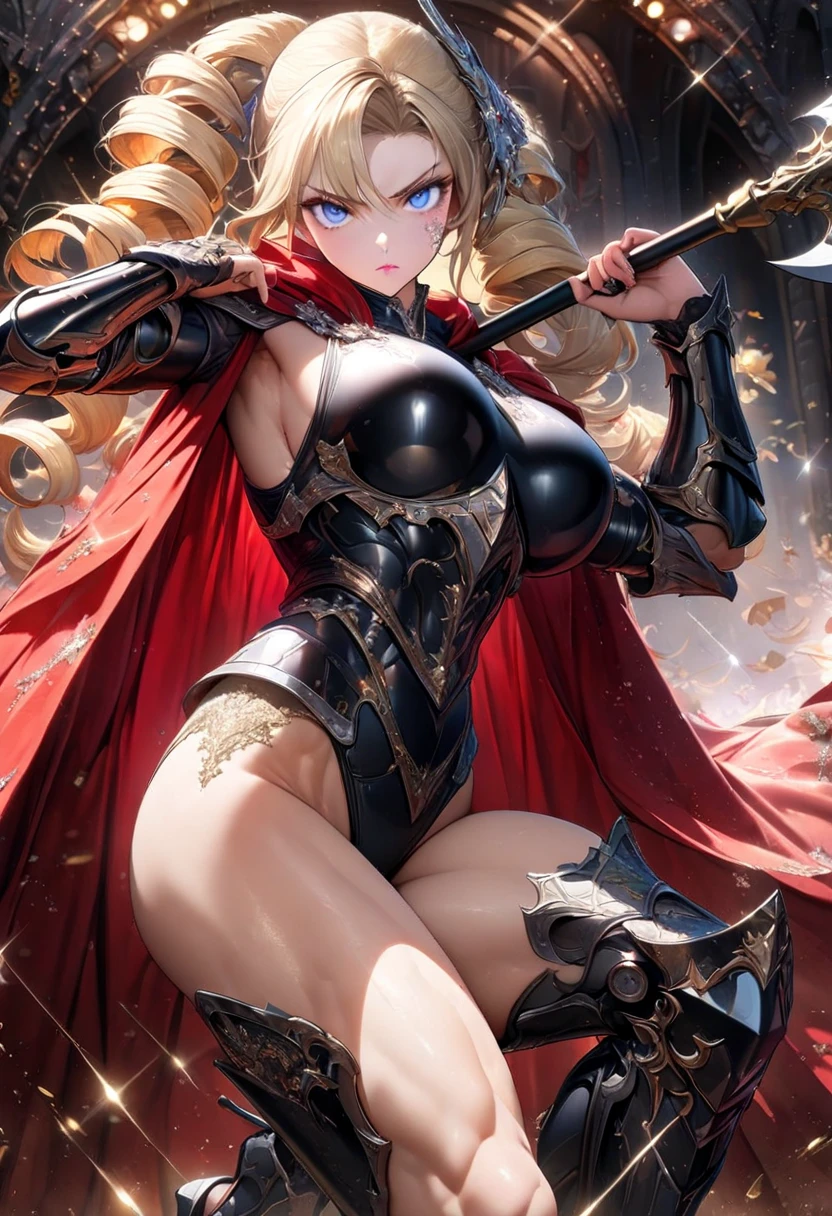 Voluptuous, Busty Blonde Female Dark Knight in ((((Black Full Plate Metal)) Bikini Armor)), Red Eyes, Thigh high Full Metal Plate Armored Boots. (((Full Body View))), Long hair, Messy bun, Wielding a Black Great Sword, (Red Cloak), (Red Pleated Skirt), detailed, perfect makeup, beautiful lips, large hoop earrings, (METAL bikini armor), No Helmet, (No Spikes), Tall girl, Long legs