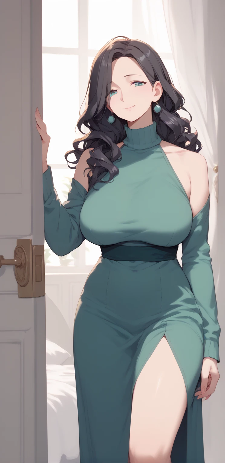 Beautiful woman with mid straight braided black hair with green eyes wearing a Mock Neck Cut Out Dress, Sexy Criss Cross Mock Neck Dress With Short Sleeves, luxurious jewelry and luxurious necklace, rimless glasses, high heel shoes, standing in her fitting room at night, (caucasian skin), (light brown lipstick), (elegant mascara), (slim body with abs), (small breasts), (wide hips), midjourney, <lora:GoodHands-, <lora:GoodLegs-, UHD, high resolution, (masterpiece:1.9, best quality), (expressive eyes, perfect face, full body, expressive face, perfect body, perfect pussy, athletic, fit, slim body, blushing, Perfect makeup, eyeliner, beautiful eyelashes, smiling, horny face), ((best illumination, best shadows)), ((sexy pose))