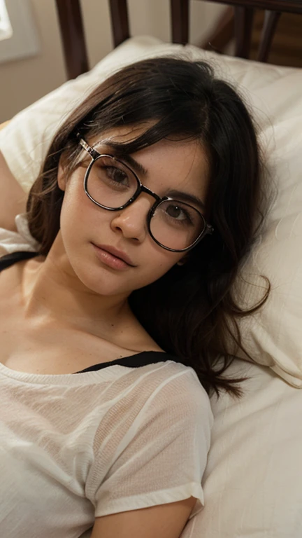 1 Cute Girl, glasses, short black hair, pale skin, black cat pajamas, selfie lying down