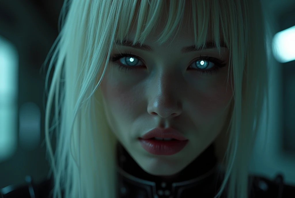 ((best quality)), ((masterpiece)), (detailed), perfect face, a beautiful woman with white long hair and a sky blue reflection, she has a tufted fringe, she has sky blue eyes, she has total black cyber suit clothes with some neon sky blue lights on it, cyber line on her face, she is suffering and dying lying in a pond, she has fatal injuries. total body. There is blood on her body and there is blood in the water.