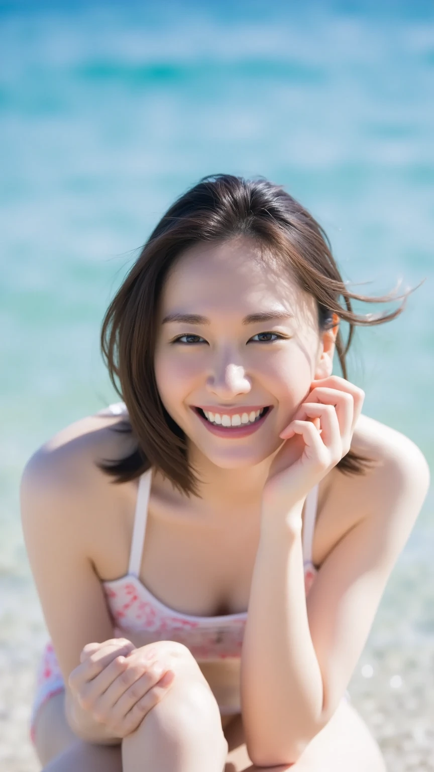 ((最high quality, 8k, masterpiece: 1.3)), (close:0.75), Realistic, Sharp focus, high quality, High resolution, Japanese,Huge Busty Woman、36-year-old middle-aged woman、Chubby body type、Mature woman with huge breasts (Wearing a triangle bikini), ((Very strong sunlight)), smile, Red wavy short hair,A close-up of a woman kissing the camera on the beach with her eyes closed、Image of cleavage emphasized by bending forward、