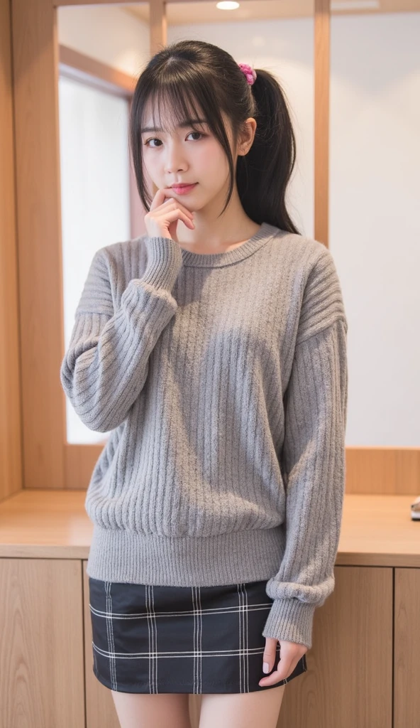 Masterpiece, High quality, Ultra-high resolution, 8K, Realistic, (Intricate details: 1.2), A Japanese woman, 40 years old, short hair, cute face, detailed face, beautiful eyes, detailed eyes, slender body, hourglass figure, anatomically correct body structure, (wearing a loose knit camisole next to the skin: 1.4), obscene pose, looking into the camera. a photo captured on a bed in a hotel room, white walls, Top view photo, full-body photo
