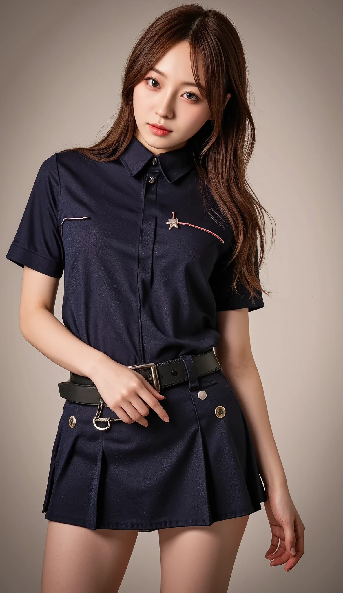 One female police officer,( I'm wearing an incredibly short and sexy female police miniskirt:1.5),( RAW photo , Best Quality ), ( exist, photo- exist:1.4), masterpiece, very delicate and beautiful, Very Detailed , 2k wallpaper, wonderful, Detailed Explanation , Very Detailed CG unity 8k wallpaper, Super Detail , high image quality , Soft light, Female cop costume 、 human anatomically correct、young and perfect breasts of a 22-year-old woman,The chest is very open , incredibly sexy chest,surprisingly short police officer miniskirt , Very Detailed eyes and face, beautiful, detailed nose , beautiful eyes down to the smallest detail , as tall as the movie lights , night view, slender body,( incredibly young and big natural breasts ), perfect big breasts :1.5, full body:1.8,Full Body Shot (22 year old woman's amazingly sexy thighs) , emphasizes the thighs、long legs、(I'm wearing black knee-high socks: 1,5),Wear socks,toned body、incredibly sexy waist、 curvy beauty、 random sexy pose , seducing with her lustful expression