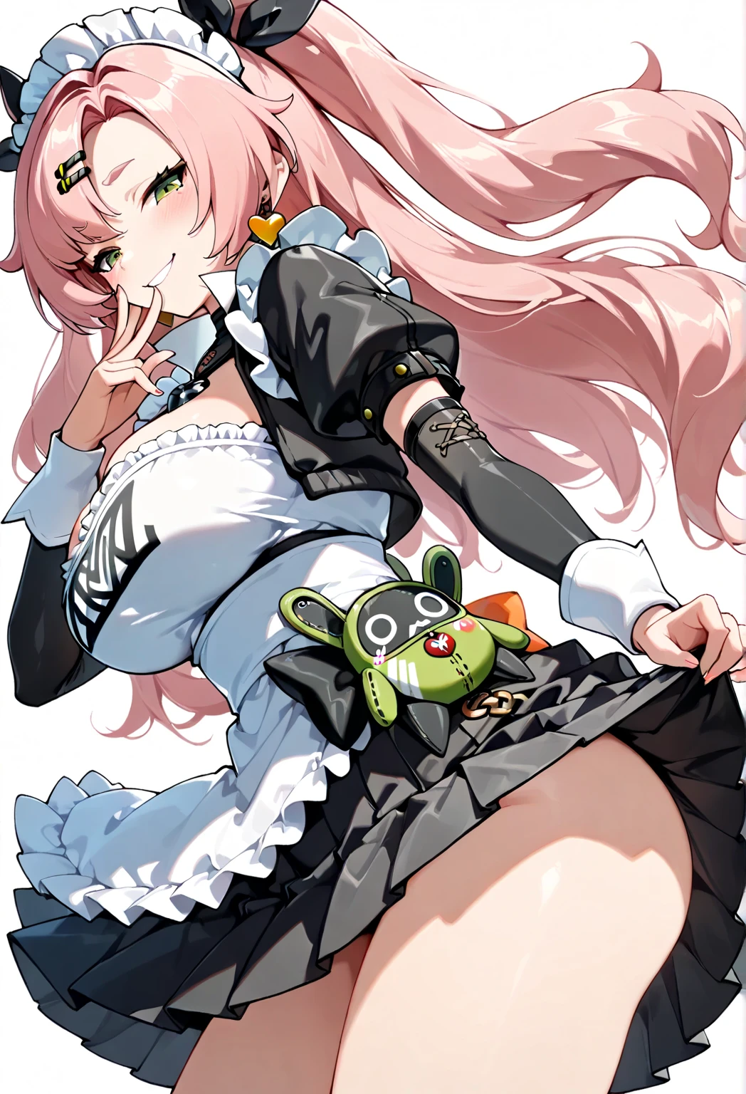 (dwu:1.5),(masterpiece, top quality, best quality, official art:1.2), 1girl, solo,fullbody, blue eyes,(facial mark:1.5),Teasing smiley eyes, (big drill twin hair:1.5),drill sidelocks,multicolored hair,multicolored bangs,blonde and pink hair,frilled hairband, cleavage,big tits, purple dress,sleeves,frill,boots,Asymmetrical thighhighs,white and purple pattern thighhighs,a belt on the thighhigh,standing