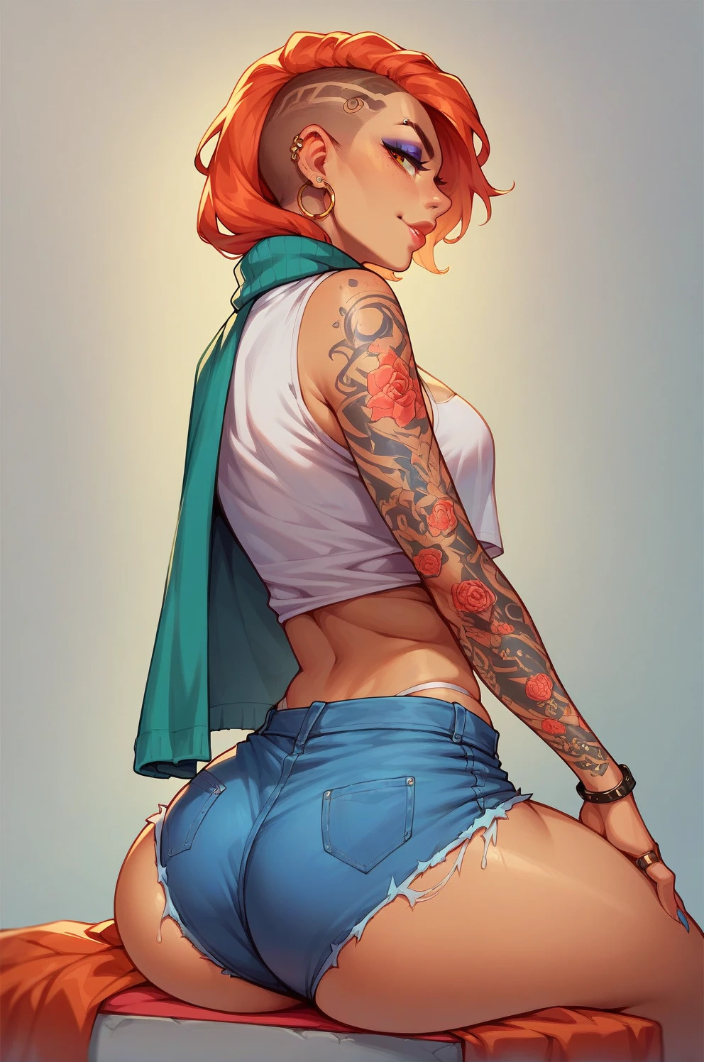 comics style realistic,young woman, 1, short red hair, blue gray eyes, athletic, muscular, floral tattoos, piercings,beautiful Boobs,in black panties,cold look,she takes off her little black panties( ass view)