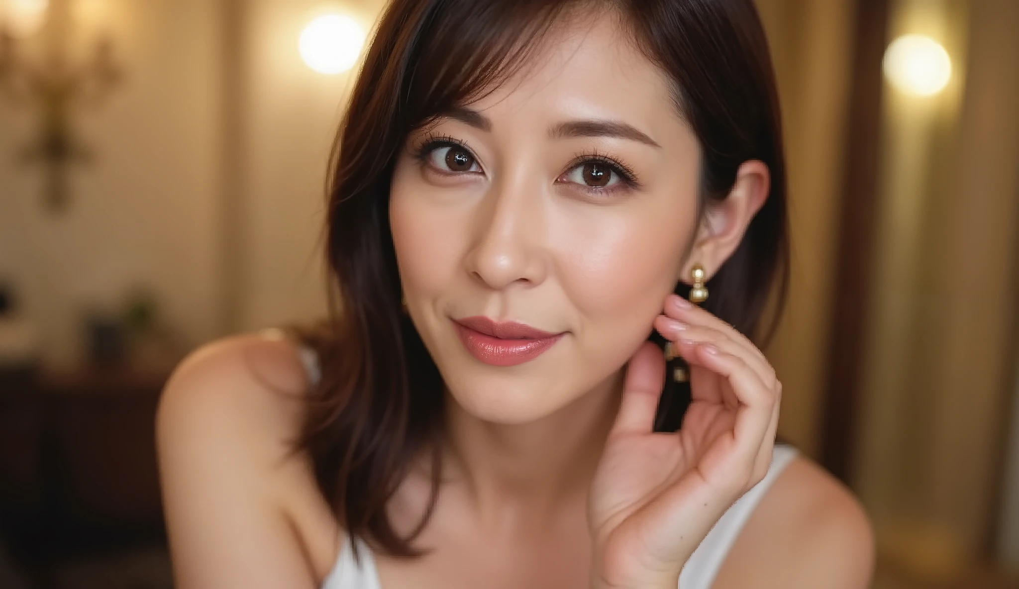  Close-up of glamorous golden diva makeup on a 48-year-old Japanese woman.  She is wearing sparkling gold-toned eyeshadow,  Cheekbones sculpted with warm bronzer, and a glossy, Deep brown lip color.  Her dark brown hair is styled in gentle waves,  Gracefully resting on one shoulder,  Accessorized with gold accessories.  Her pose is poised,  Her fingertips are gently touching her bold earrings,  radiant elegance .  The background is softly blurred with gold highlights,  Reminiscent of a Hollywood gala party. (Mature Beauty, high resolution, super precise, masterpiece, hyperrealistic, ultimate beauty, sharp concentration, depth of field, movie-like lighting, physically-based rendering from I was completely naked)"