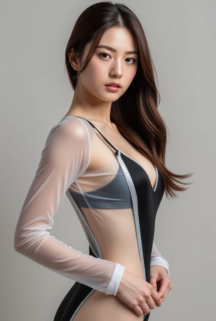 Best quality, masterpiece, ultra high res, (photorealistic:1.4), raw photo, 1girl,(Wearing a short see through silk dress:1.3),(Longhair:1.6),drawn action: (the girl is posing in a long hair contest with hair trailing long on the ground:1.4), detailed eyes and face, black sweater, dynamic lighting, in the dark, deep shadow, low key