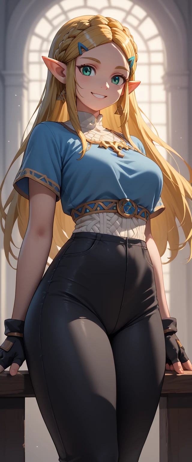 High resolution, Very detailed, perfect lighting, beautiful detailed eyes, ((masterpiece,Best Quality)), absurdities, alone, princess zelda, by the width, crown braid, Hair clip, pointy ears, blue shirt, long sleeves, Gloves without fingers, black gloves, Black pants, tight pants, smile, curves, nod, , deep neckline, deep neckline, bare breasts, bare breasts, NSFW, visible nipples, visible nipples