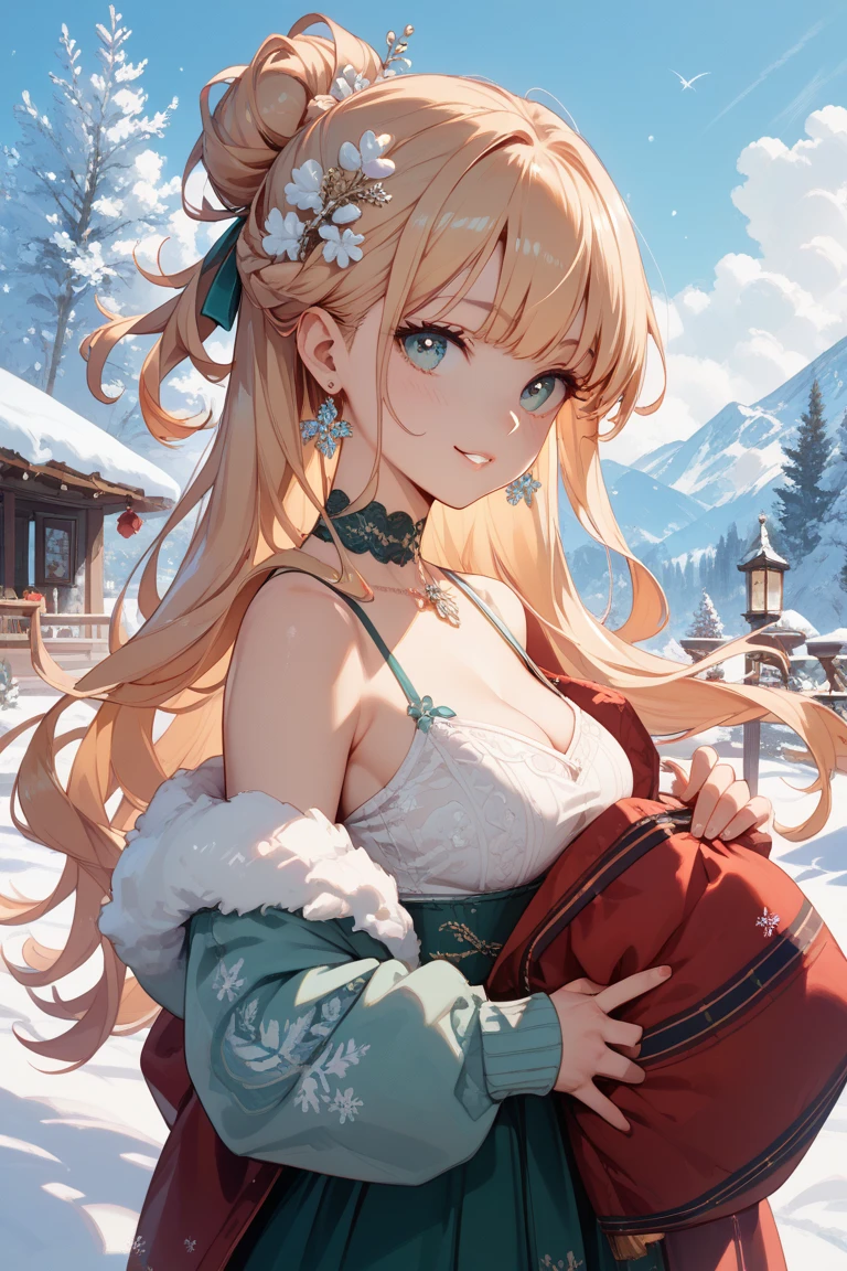 Masterpiece ,best quality , high resolution , (1 girl solo:1.38) , (mavis , long hair, blonde hair, (green eyes:1.5) , ahoge, wavy hair , slim , slender) , (cleavage:1.2) , (medium breast:1.28) , (wear x-mas cloth , bare shoulder , miniskirt , belt , bell , head tilt ) , (cleavage:1.15) , (big breast:1.1) , (arms behind back) , (face view , look at view , smile , open mouth) , (standing) , (outdoor, river beside , on bridge , japaness bridge , street , snow , night , lamp)
