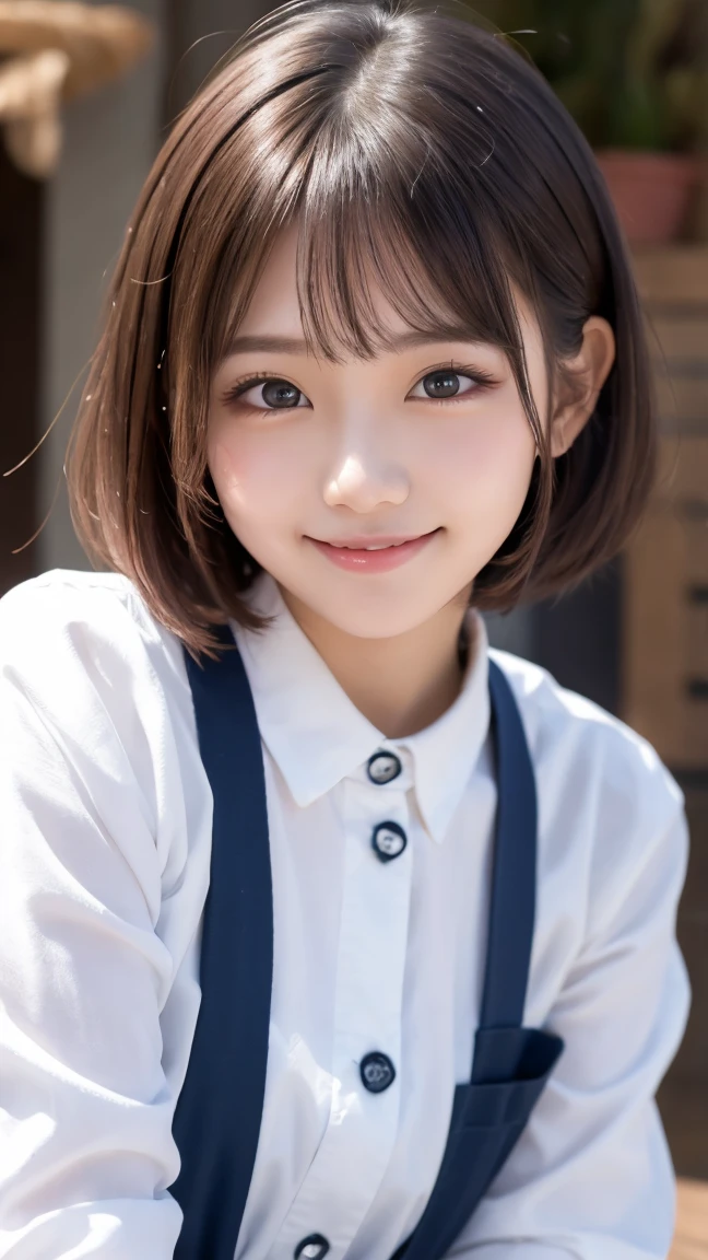 masterpiece:1.3), (8K, Realistic, RAW Photos, Best image quality: 1.4), Japanese schoolgirl、(Random Hairstyles:1.2)、Highly detailed face、Attention to detail、double eyelid、Chest to chest、Sharp focus:1.2、Beautiful woman:1.4、Light brown hair、Highest quality、masterpiece、Ultra-high resolution、(Realistic:1.4)、Highly detailed and professionally lit smiles、Loose、mini skirt、thin、Smiling face、Short-haired、Deadly position、whole body