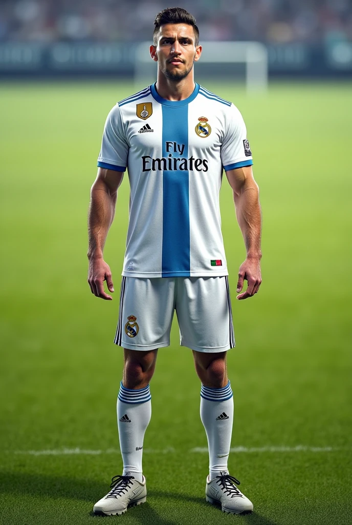 {{{Real Madrid}}}, light, {{Adidas soccer jersey on white background}}, {{{best quality}}}, {{{realistic}}}, {{{Detailed facial description}}}, realistic 눈동자, {{handsome western man}}, realistic 유니폼 주름, holding a soccer ball, {{{Real Madrid}}}, {{{soccer stadium}}}, Sponsor's name is Fly Emirates