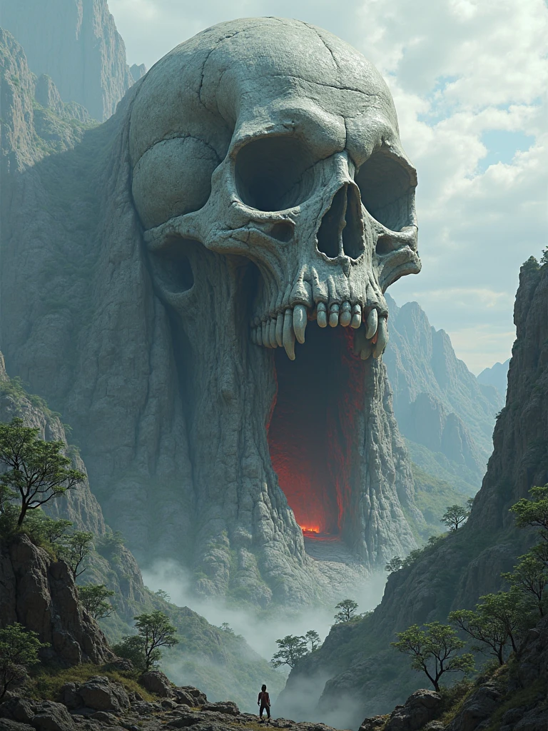 Surreal, a strange looking mountain with lots of strange chiseled rocks y mouth and chiselled teeth, uncanny, deep shadows, random noises,(landscape focus:1.1), 
mayamaze, OverallDetail, island