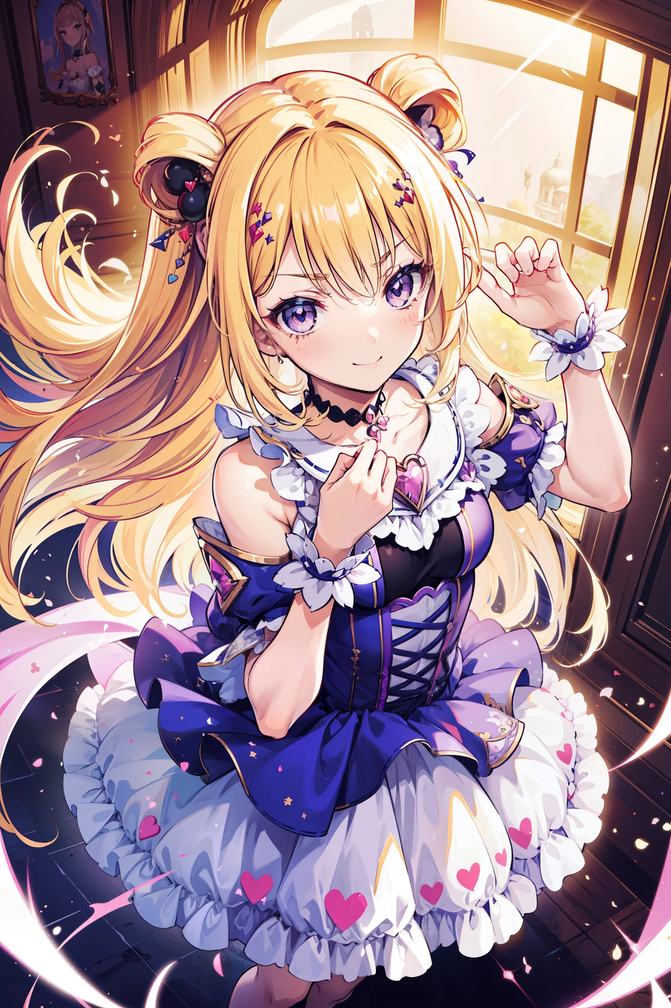 Cute magical girl , ( Double Bomb , Brant Bang, straight blond hair ), Smile, compensate, purple eyes, small , Small Curvy Body,dynamic perspective,mischievous posture, a dress blown by the wind,white gothic bear top dress , choker, hands raised above head ,, (super precise, Absolute determination, Best Quality:1.3), 2.5D, Delicate and dynamic , Art photos, super realistic , graphic CG digital cartoon style art