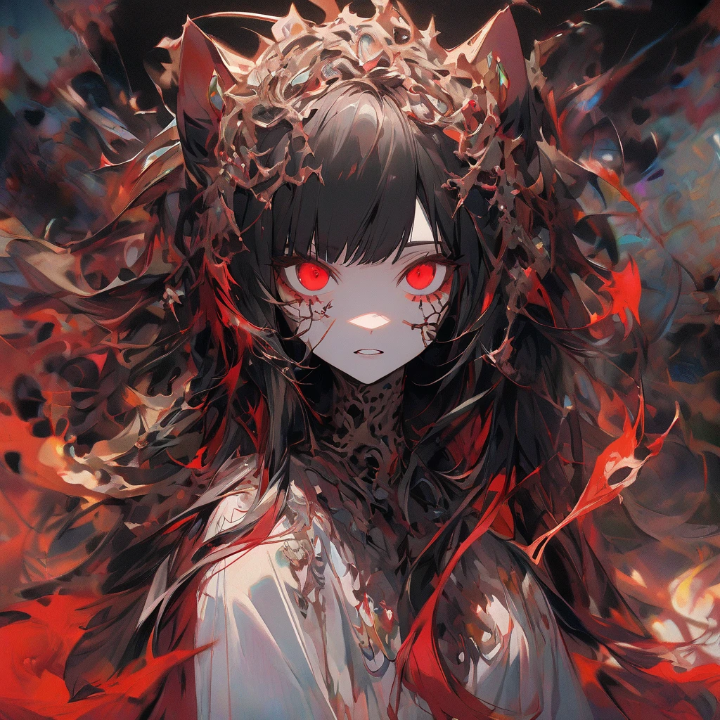 Anime girl with an umbrella and an owl in the background, inspired by Jin Homura, with red glowing eyes, by Jin Homura, gapmoe yandere grimdark, demon anime girl, with glowing red eyes, yandere intricate, with red eyes, completely red eyes, ufotable art style, beautiful anime artwork, detailed anime art, red eyes