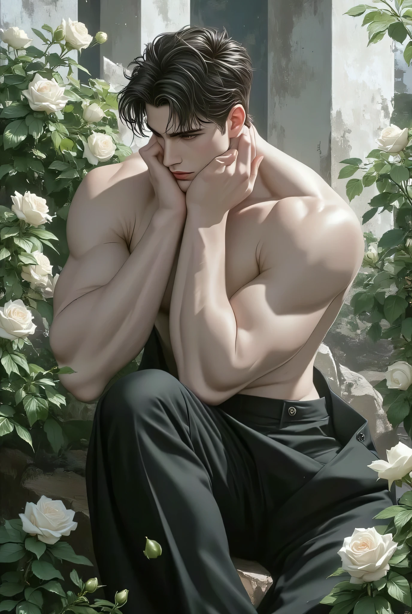 full body show,On the ruins,Abdominal muscles, handsome male,Hands holding cheeks,White rose bush, soft light ,official art, ultra-detailed , masterpiece, High Quality , melancholy expression。 Brutalist architecture ,, visual color , Romanticism ,flowing notes,Flowers,many parading birds,forest