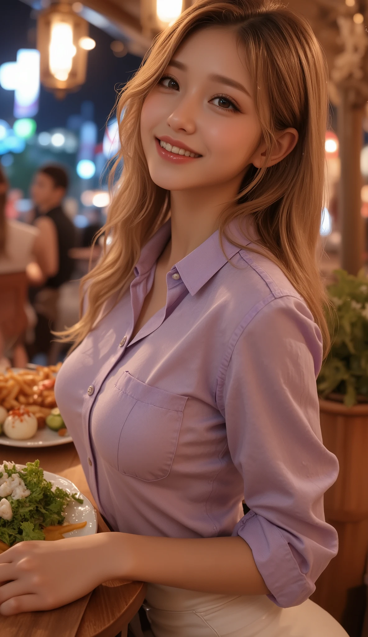 One person's perspective , (masterpiece:1 . 3) , high resolution , ultra detailed , realistic , photorealistic , RAW photo , beautiful detailed face , 青white skin , Realistic glowing skin , detailed cloth texture , Detailed Hair Texture , perfect body , beautiful face , anatomically correct , VERY DETAILED FACE AND SKIN TEXTURE , natural necklace length , (Beautiful Hands) , (white skin:1 . 2) , thin legs , thin legs , Beautiful teeth , detail eyes , symmetrical eyes next to woman , light brown eyes , double eyelids , fine eyebrows , (Very happy smile:1 . 2) , (上品in可愛い女の子:1 . 3) , ( wear elegant clothes (Light purple) button shirt:1 . 2) , long skirt 、very big breasts:1.2、cleavage、 (long skirt) , Tight Abs , beautiful collarbone , ( dark blond hair , wavy hair , long hair:1 . 2) , (on the table , With Yakitori , french fries , salad , HD cinematic texture 「Takoyaki」 :1 . 2) , ((Cheers with a beer mug:1 . 3)) , (Japanese night outdoors「beer garden」in)) , ( night ) ,watch viewers , A view from a little below ,