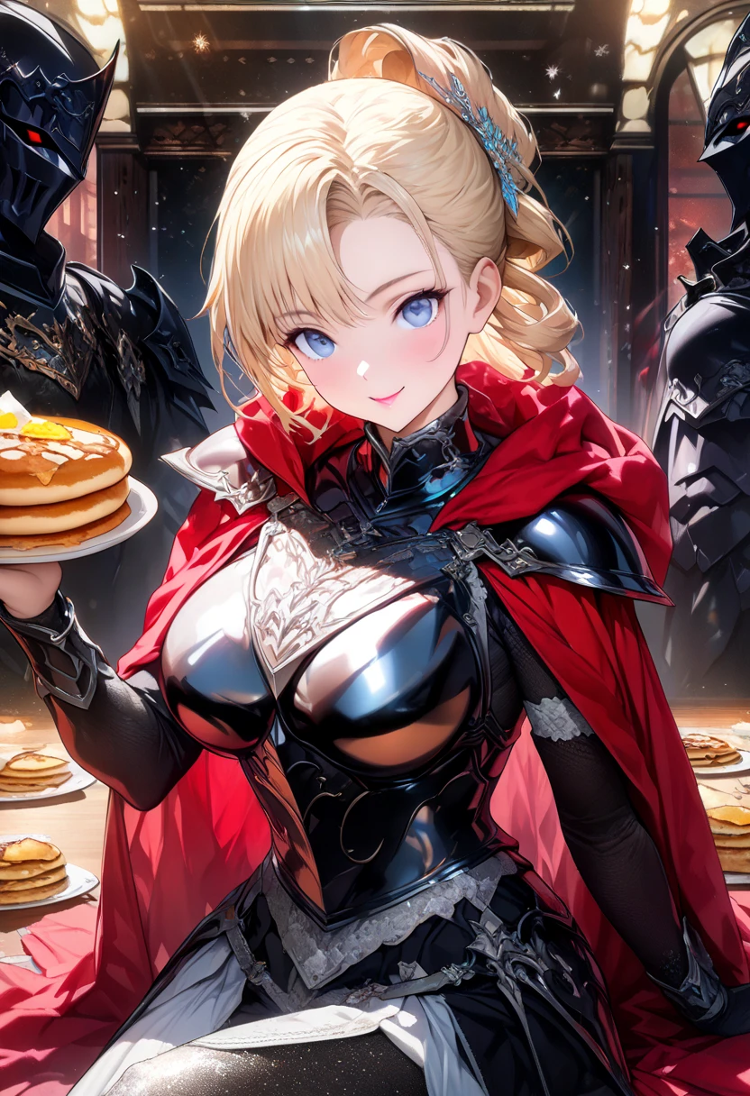 masterpiece, best quality,1girl,solo, robot girl, humanoid robot,robot joints, orange eyes,long hair, (colored skin),huge breasts,tiara, jewelry, armored dress,gold trim, sleeveles,cape,castle in background, (outdoors),garden,sitting, on chair,tea cup on table, armrest, (across table), light smile