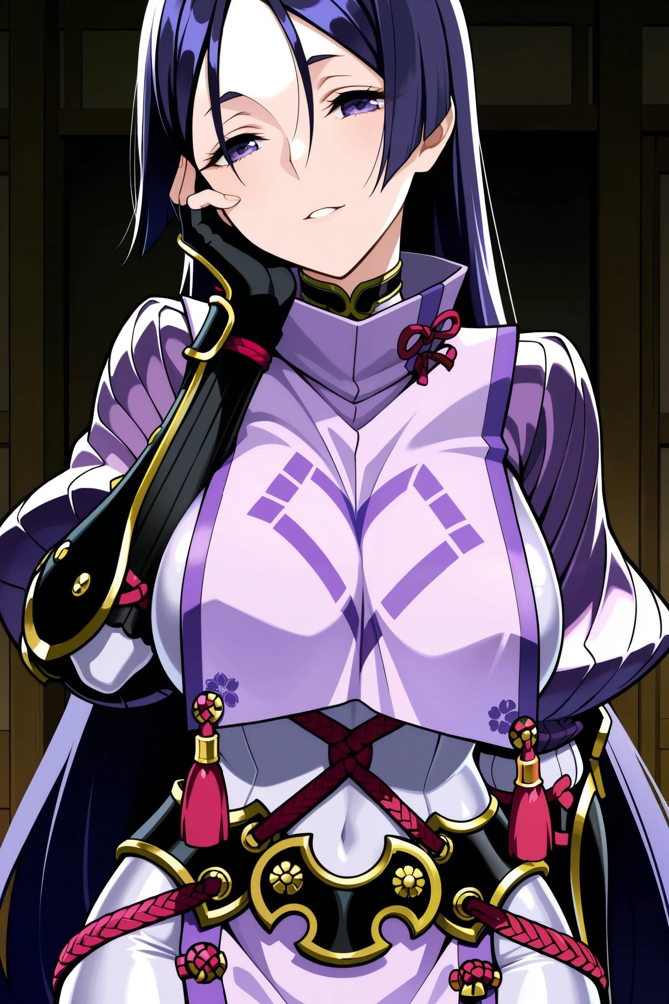 1 woman, Korean, Raiden shogun, kimono, bare shoulders, heart-shaped pupils, licking lips, heart in eye, bright pupils, blush stickers, anime style, high quality --auto --s2