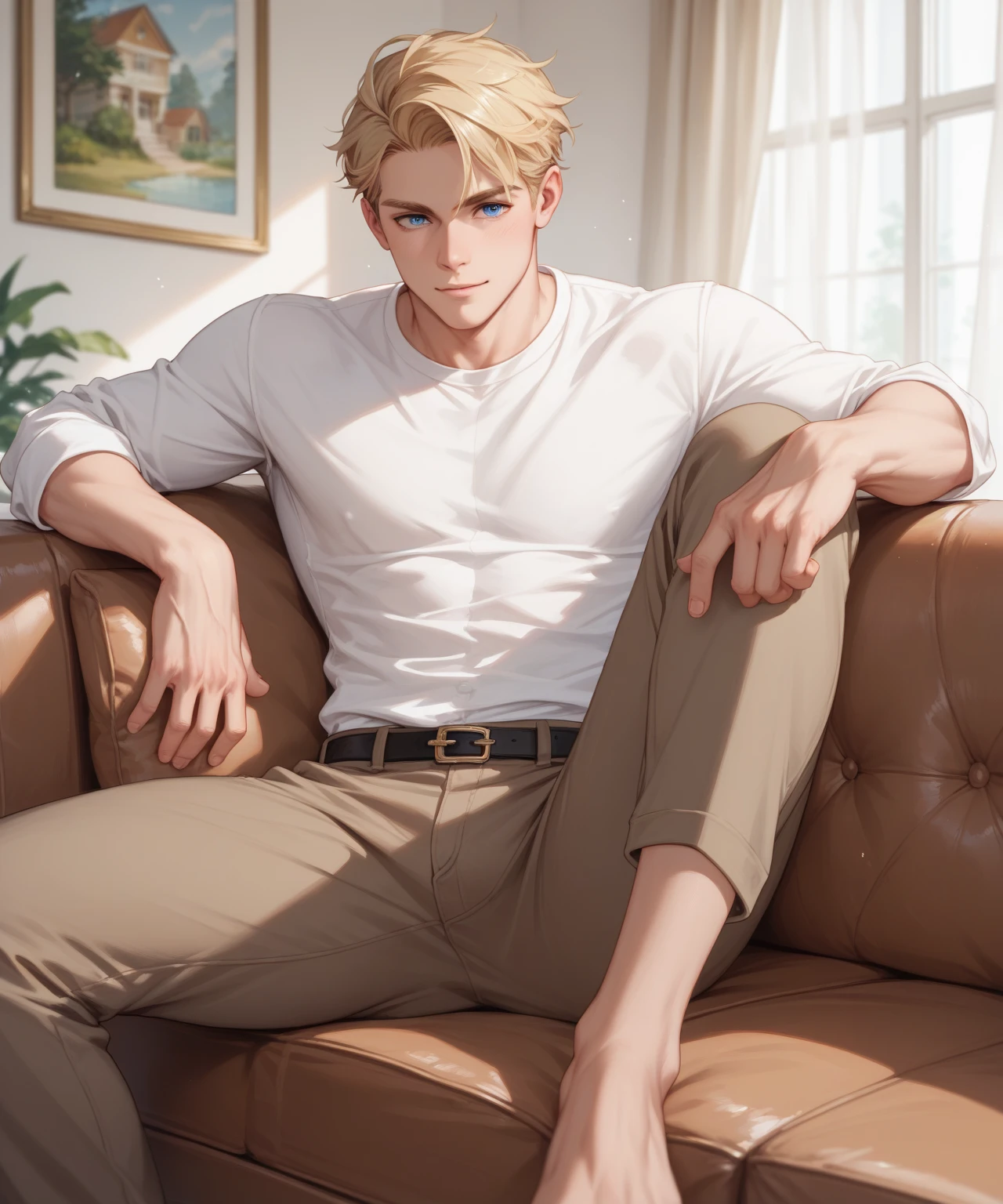 (best quality), 1boy, male, porcelain skin, blonde hair, short hair, straight hair, side swept bangs, brown eyes, perfect eyes, black turtleneck, jeans, skinny body, masterpiece, anatomically correct, highres
