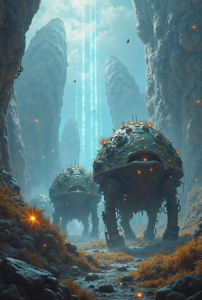 (photorealistic), (hight resolution 4k, 8k)painting in high definition, nffsw,(sharp focus, realistic)(maximum quality),((best quality: 1.5) ,((masterpiece: 0.8)) intricate details,
strange world , strange and hostile planet,in a desert of an alien planet, aonlonge ice pillars like alien command towers, blue sky, e artimosfera laranjada, Carnivorous plants, giant insects with large spider-like legs, panoramic scene, Hyper-Realism, high qualiy, Maximum quality, ships hovering in the air from the ice towers ,
