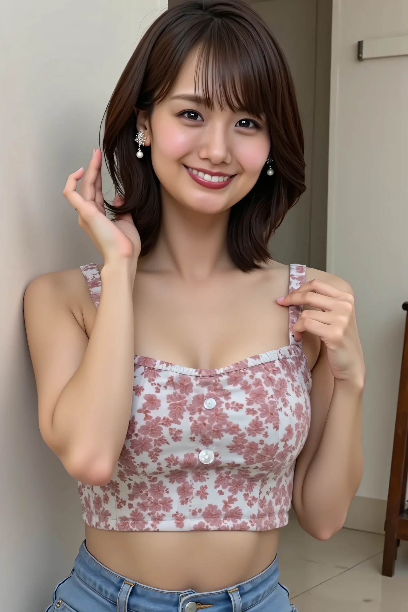 ((( high definition , top quality, very detailed, masterpiece , high-definition detailed photos , realistic , Real people々 , Super precise skin ))) , , ( from before ) , Full Body , Pre-shot , viewer , ( Dull face ) , { wear a sports bra and denim shorts : 1.8 } , black hair , medium hair , medium breasts , { is lying on her back, from the side : 1.8 } , dark time at dawn , (( keep your hair behind your ears : 1.8)) , { nsfw },