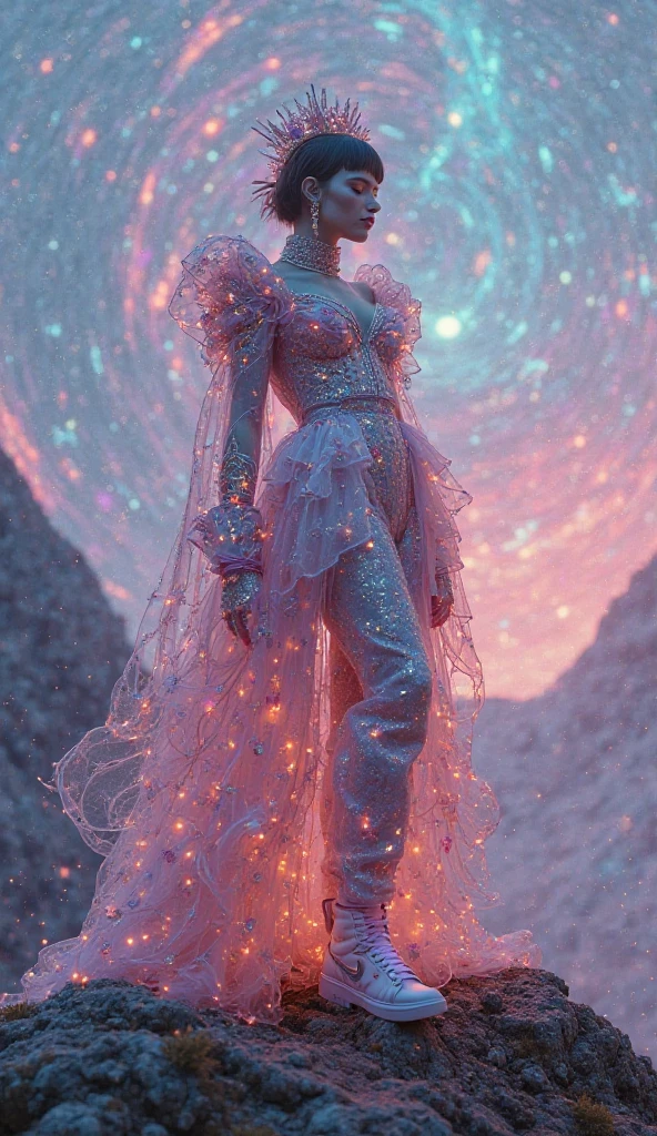 (masterpiece, best quality), 8K,(((Very detailed))), Race:1.8,Super intricate Race pattern,colorful Race pattern,Transparent body with colored glass background, Mandala,Light Up,cold, 1 female,Open back,(curls,Blonde),