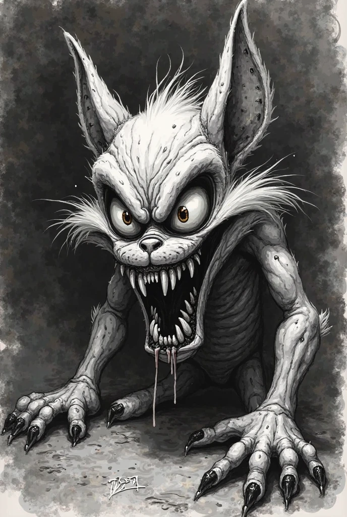 Create a sketch of a hungry skeleton opossum with a destroyed broken crown in black and white pointillism