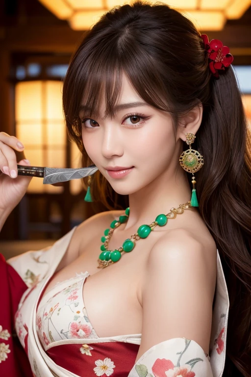 8K Ultra HD, Digital SLR,Film Grain, Fujifilm XT3,(highest quality:1.3), (masterpiece:1.1), High resolution, Cinematic Light, Intricate details,長いHolding a Japanese sword with a white handle, (Realistic) (Night view) Realistic backlight、ドラマチックなredトーンの光、Beautiful Japanese Geisha full body photo, ((Facial texture Pore details)), Grin、悪魔のようなsmile, Simple messy hairstyle, 伝統的な龍のモチーフが描かれたサテンの黒いkimonoを着て, Open shoulders, Colorful dragon tattoos all over the body, Has a long blade, Inside a traditional villa,Holding a Japanese sword with a white handle,, 8k, Front blur,Ultra HD, Digital SLR,Film Grain, Fujifilm(8k, highest quality, masterpiece:1,2), (Realistic, Realistic:1.37), Very detailed, One Girl,), (Very detailed), (Detailed and beautiful eyes), (highest qualityの), (Very detailed ), (masterpiece), (Detailed face),woman((19 years old)), hair((red, Wavy, length)), eye ((red eye, big eye)), Clothes((kimono,big slit, redい花柄)), accessories ((Earrings, necklace)), Huge breasts, big , smile, background,長いhair,Red Clothes,Cowboy Shot