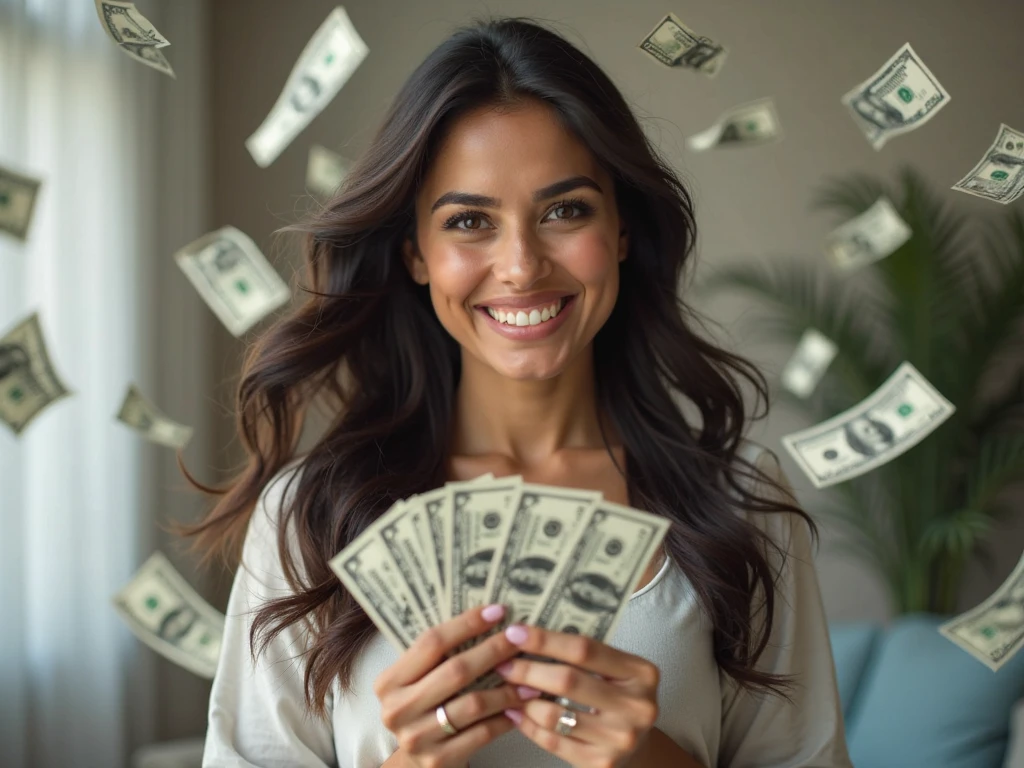 bearded woman beautiful shaggy beard, black hair, brown eyes, eyeliner, proud smile, seductive look, hold a load of dollar bills