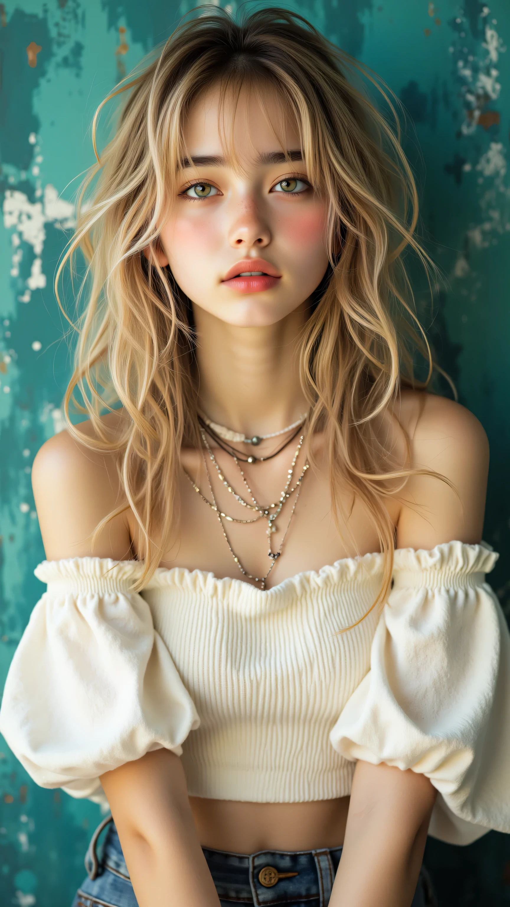 A woman with long blonde hair wearing a white top and jeans - SeaArt AI